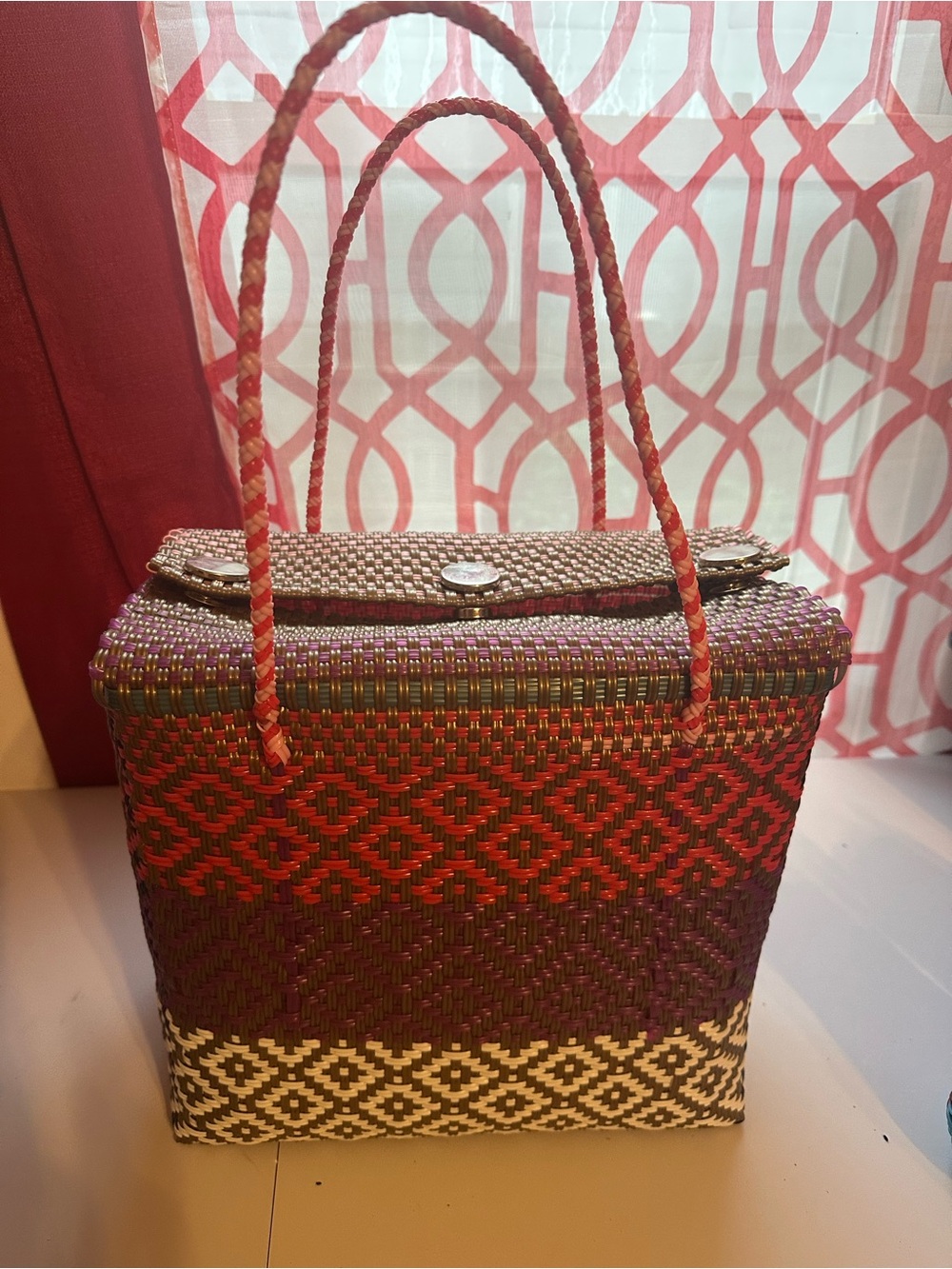 Handmade Woven Basket Handbag Plastic Multicolor bought in mexico.